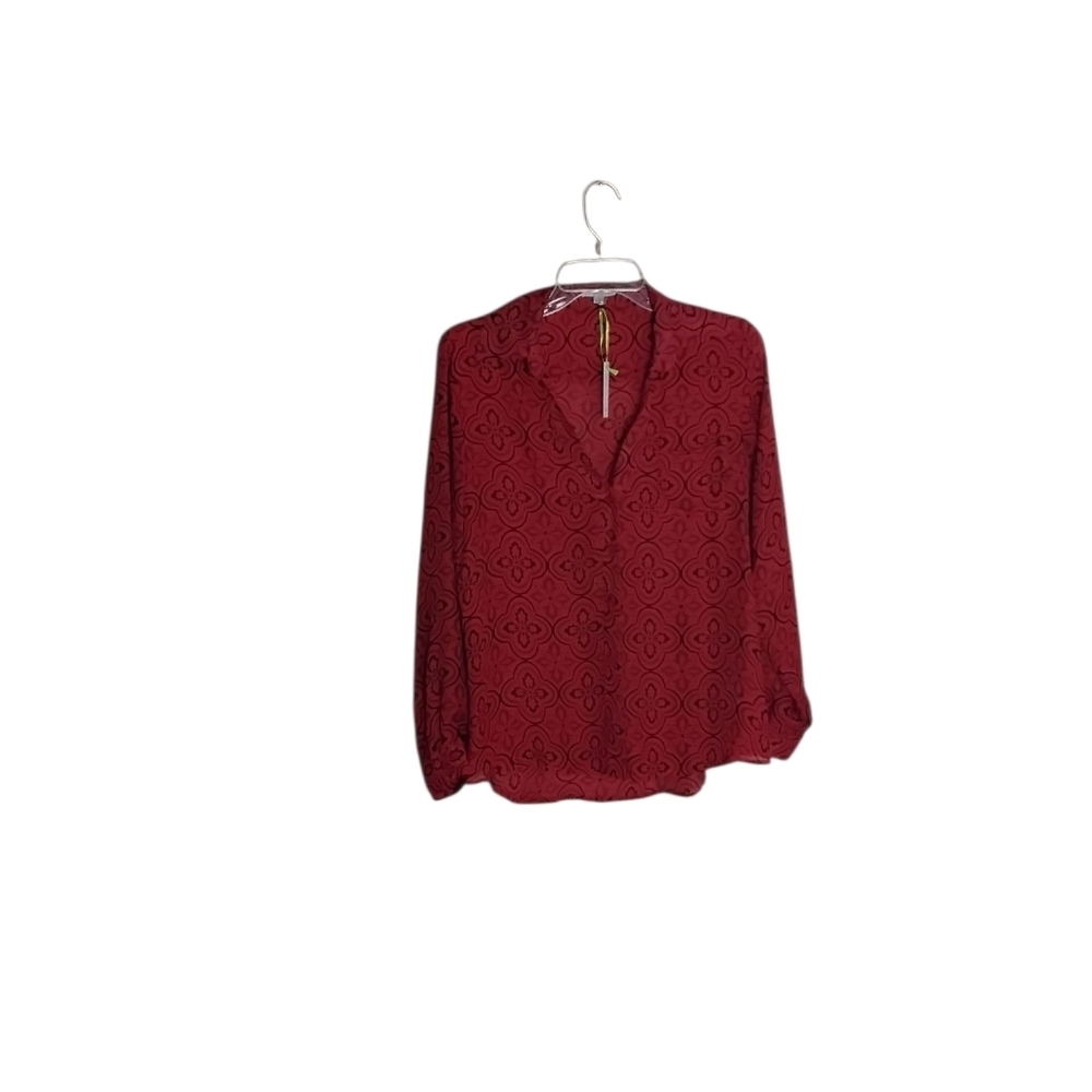 Larsen Gray Women's S Red Black Print Long Sleeve Button-up Semi Scheer Blouse